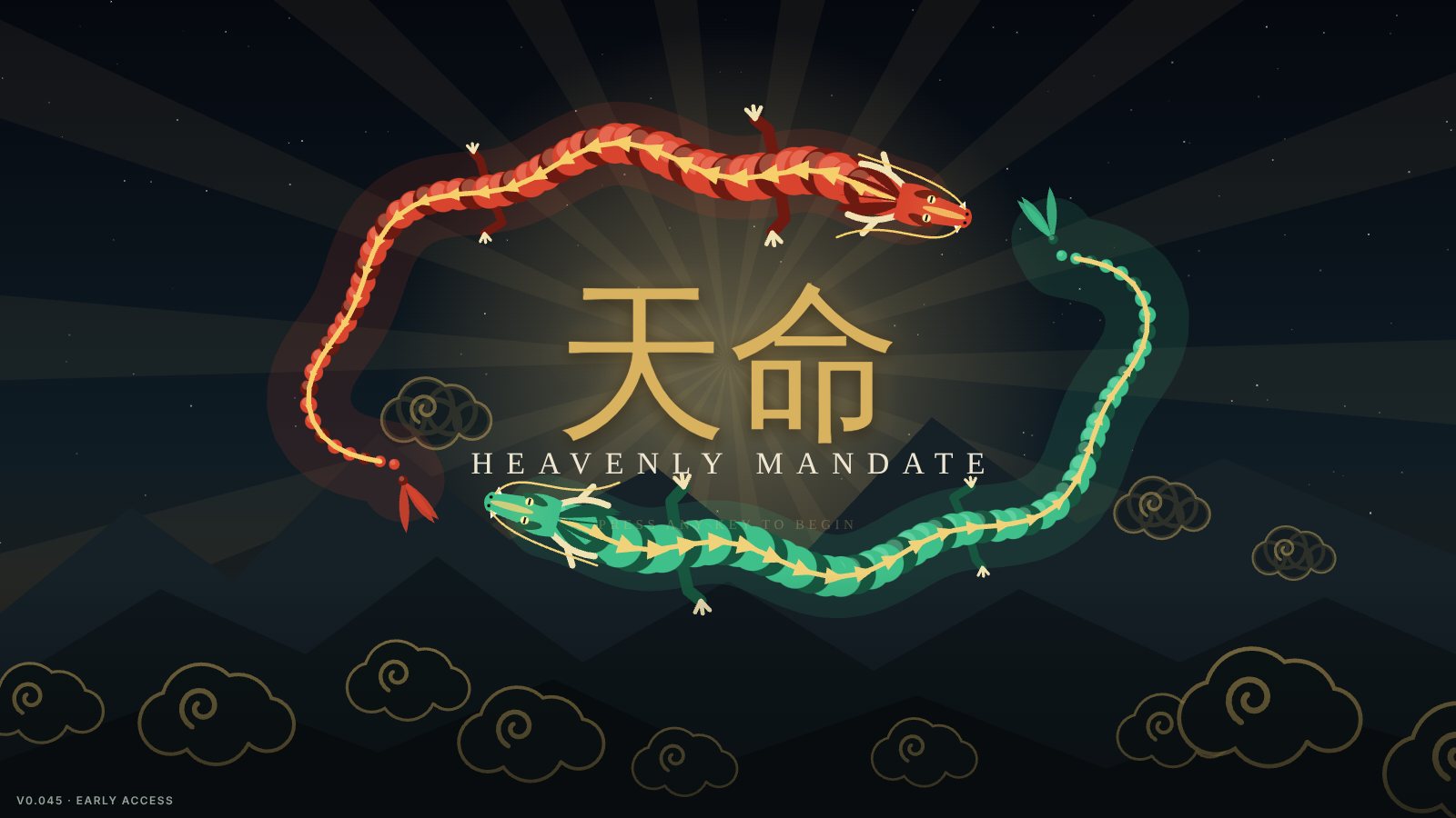 天命 · Heavenly Mandate: a crimson and a jade dragon circling the title