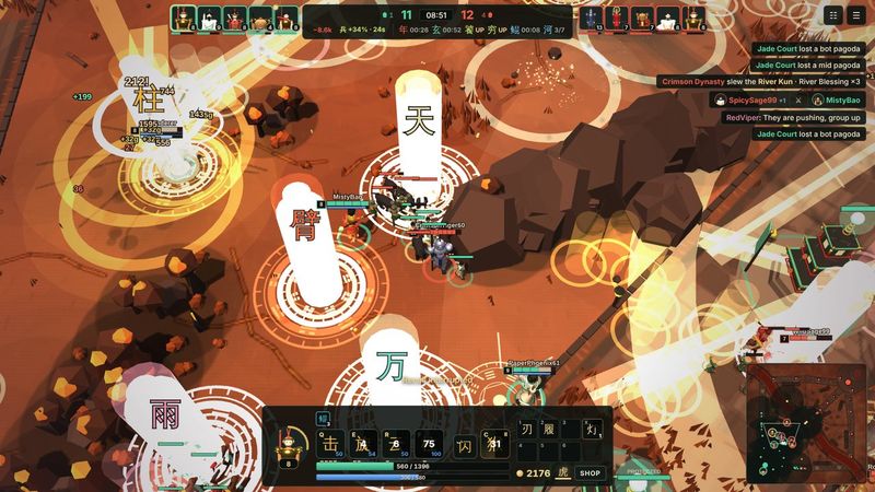 A teamfight around a pagoda in the Flaming Mountains